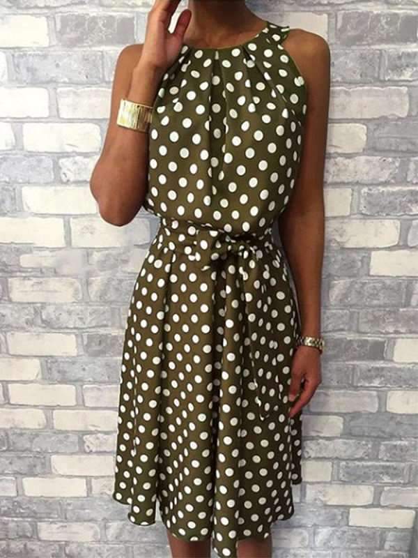 Polka Dots Printed Halter Sleeveless Casual Skater Dresses
