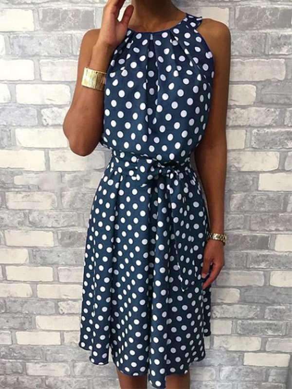 Polka Dots Printed Halter Sleeveless Casual Skater Dresses