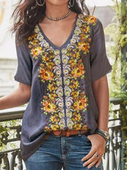 Plus size women v neck short sleeve printed T-shirts