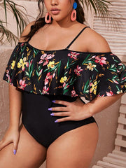 Women Plus Size Print Off Shoulder One Piece Swimsuit