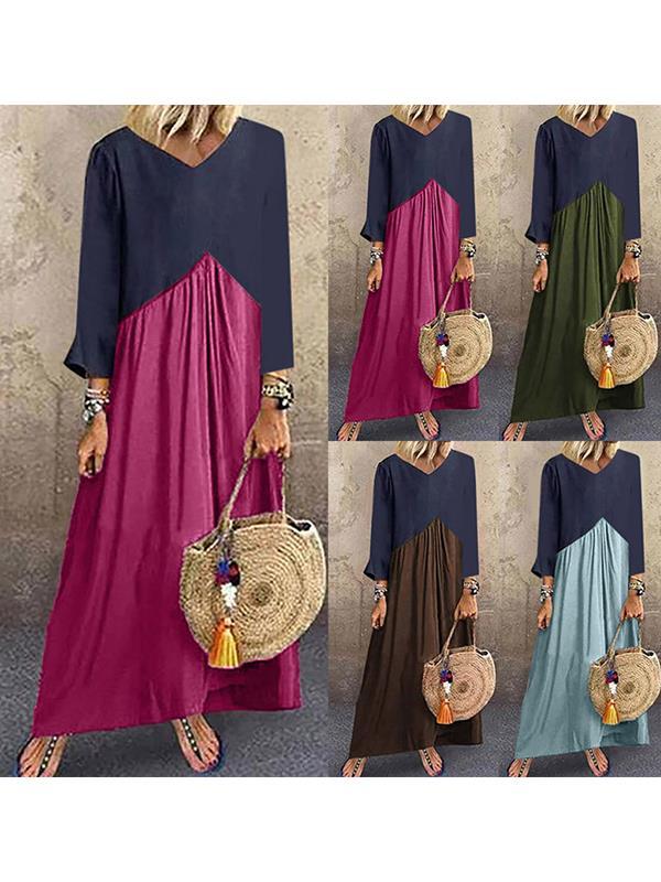 Patchwork color irregular long sleeve maxi dresses