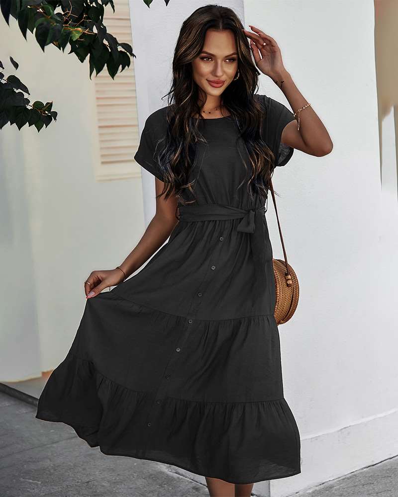 Pure Casual Round neck Short sleeve Lacing Skater Dresses