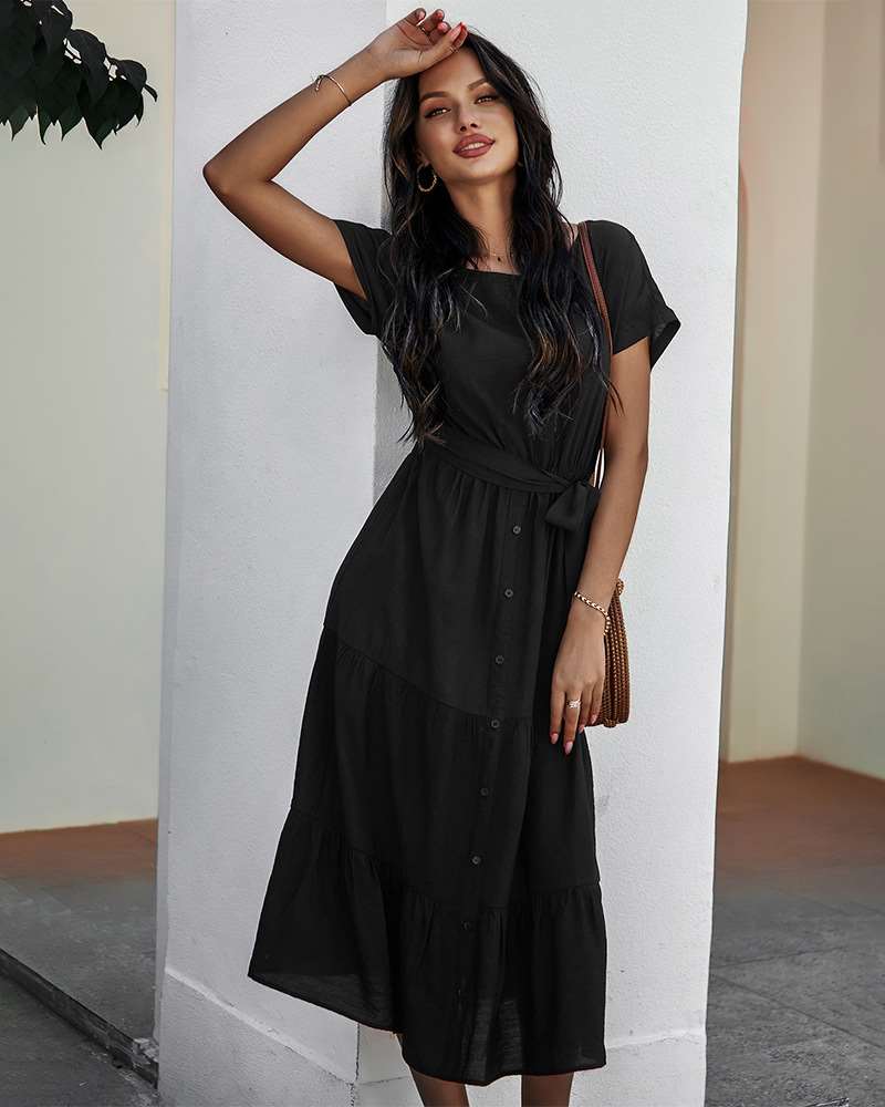 Pure Casual Round neck Short sleeve Lacing Skater Dresses