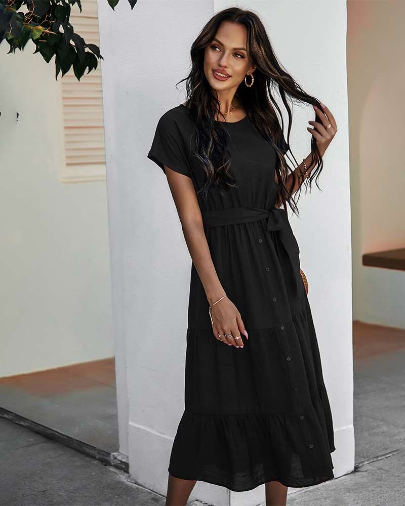 Pure Casual Round neck Short sleeve Lacing Skater Dresses