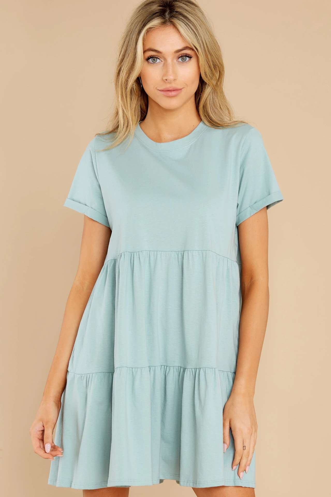 Pure Casual Round neck Gored Short sleeve Shift Dresses