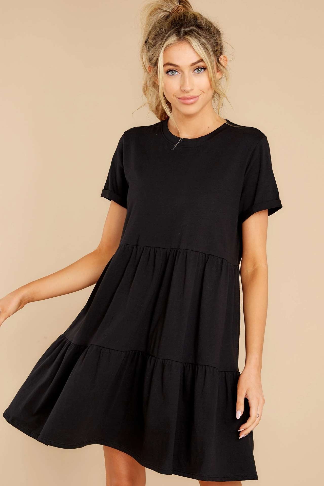 Pure Casual Round neck Gored Short sleeve Shift Dresses