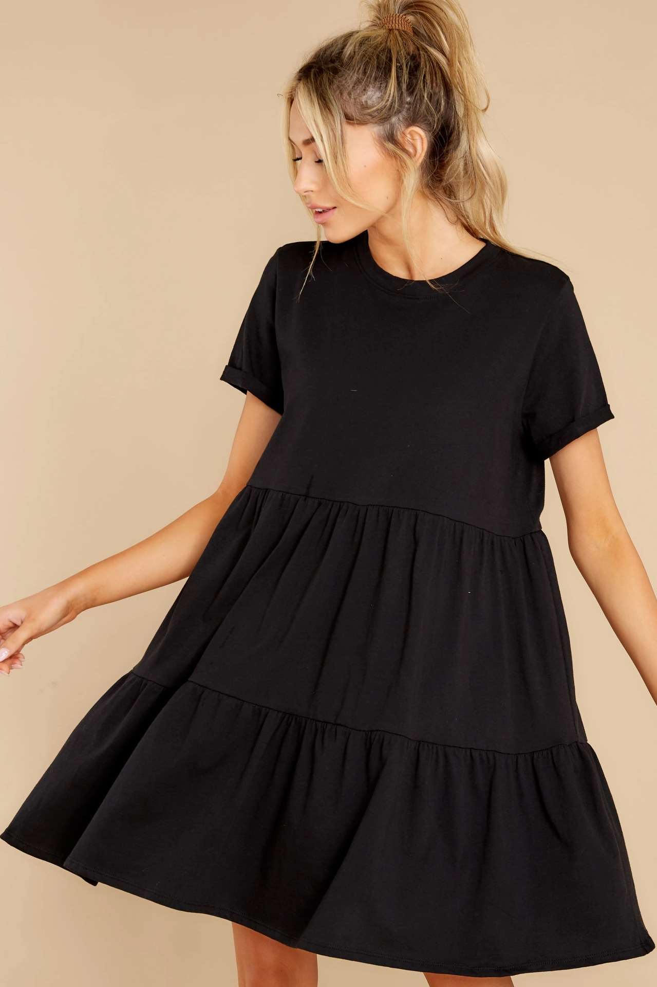 Pure Casual Round neck Gored Short sleeve Shift Dresses