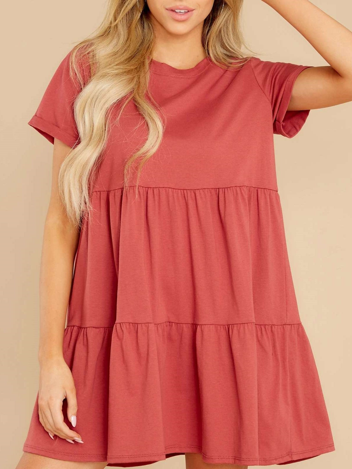 Pure Casual Round neck Gored Short sleeve Shift Dresses