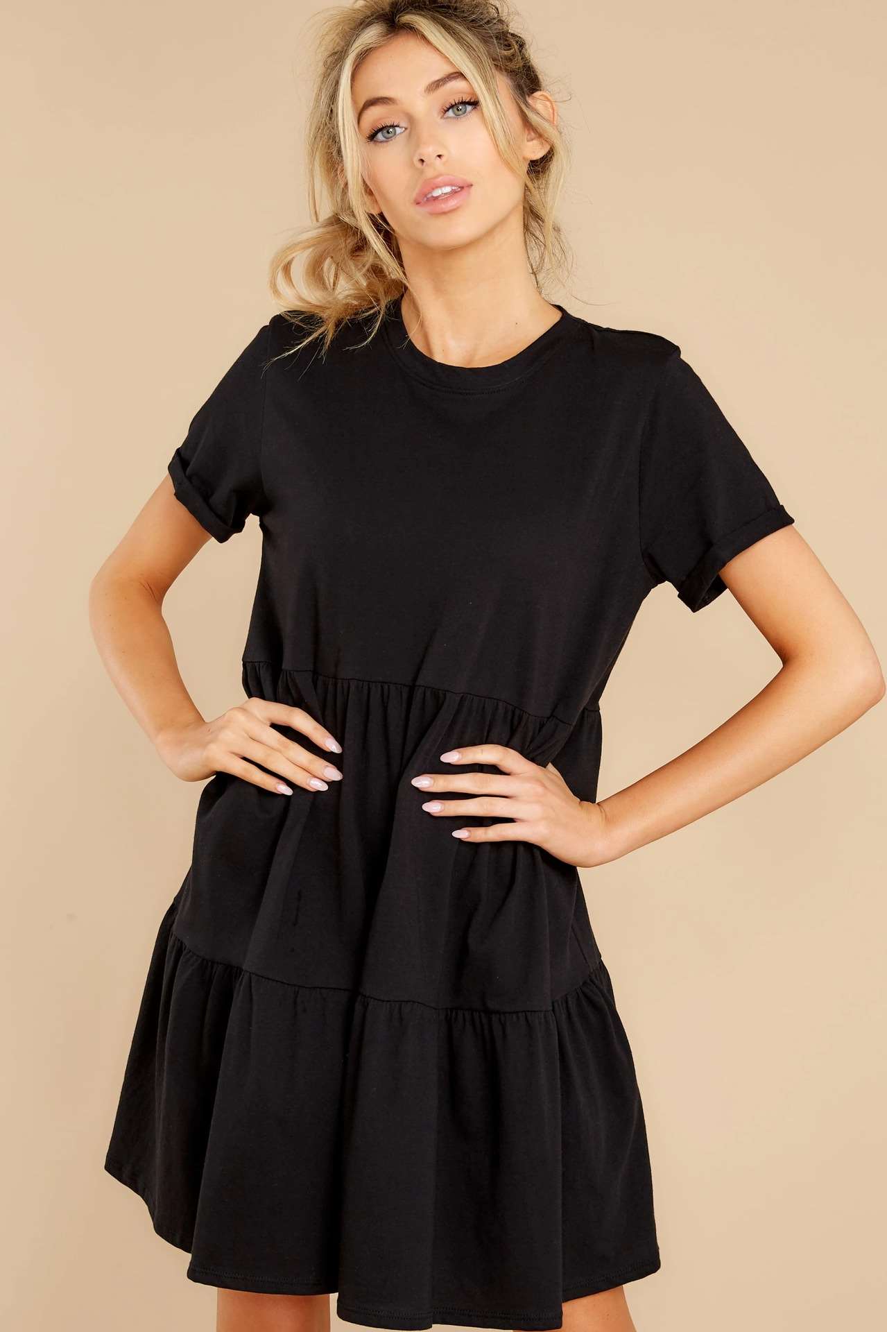 Pure Casual Round neck Gored Short sleeve Shift Dresses