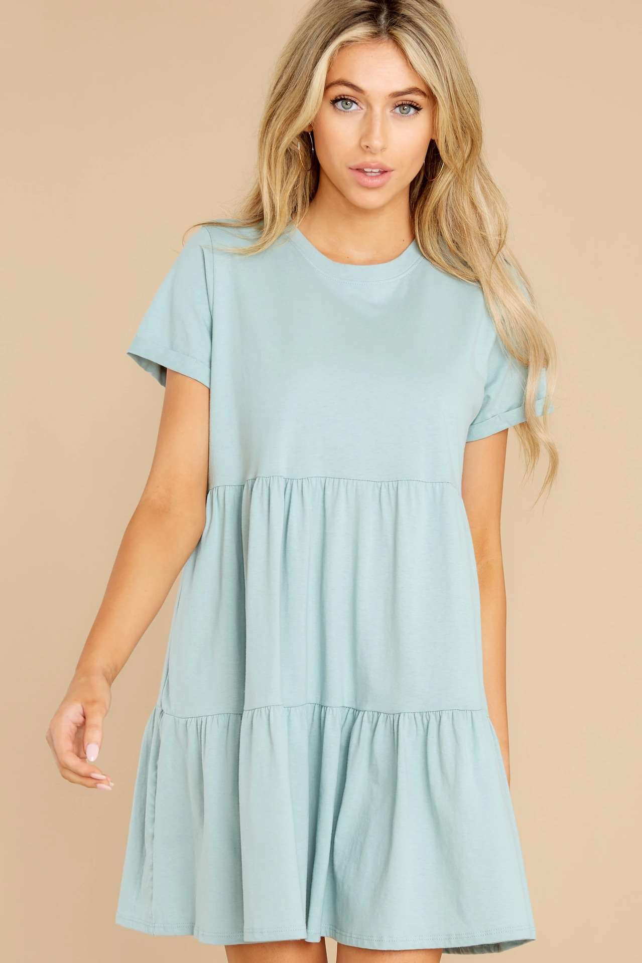 Pure Casual Round neck Gored Short sleeve Shift Dresses