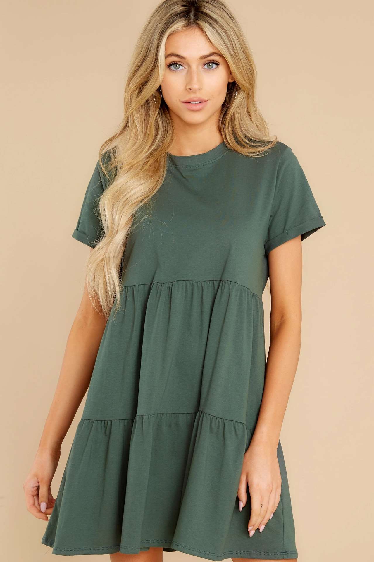 Pure Casual Round neck Gored Short sleeve Shift Dresses
