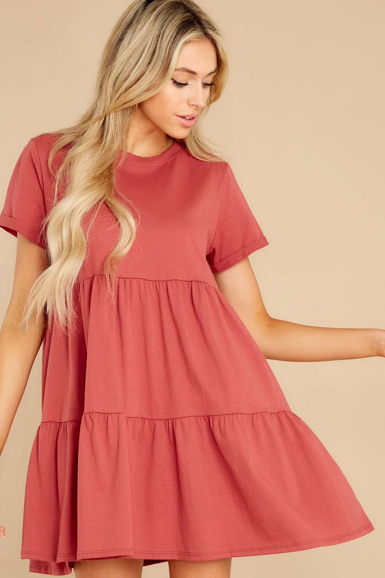 Pure Casual Round neck Gored Short sleeve Shift Dresses