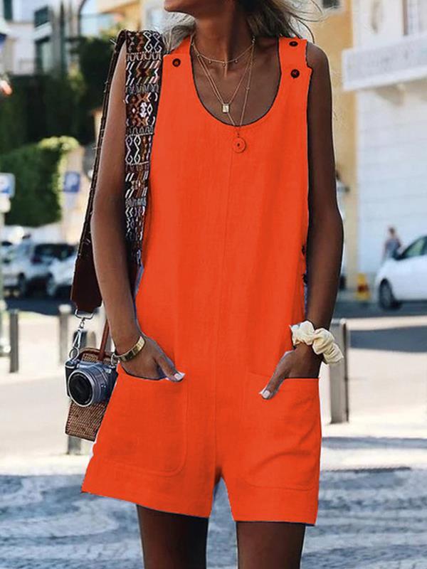 Plus size pocket button cotton and linen jumpsuits