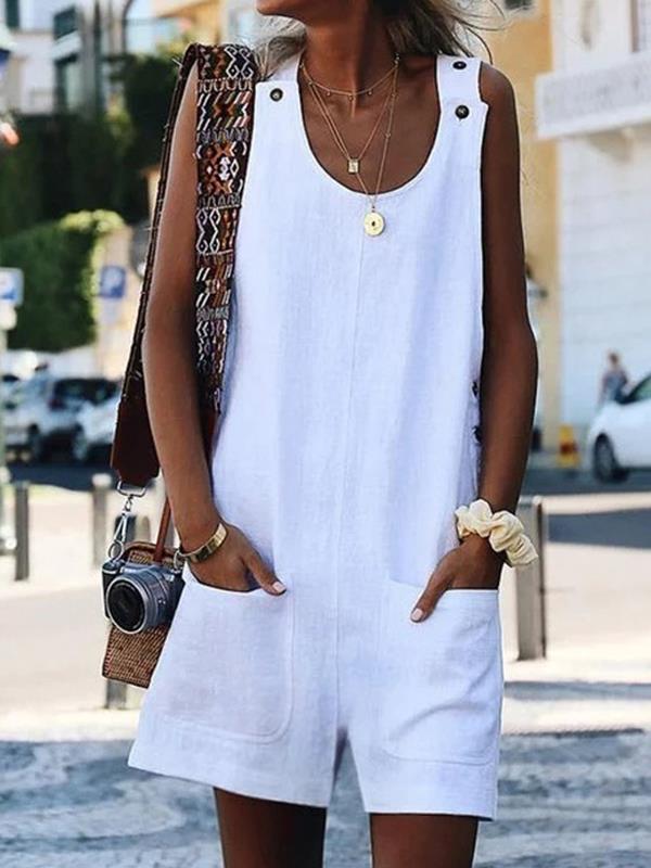 Plus size pocket button cotton and linen jumpsuits