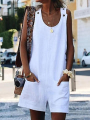 Plus size pocket button cotton and linen jumpsuits