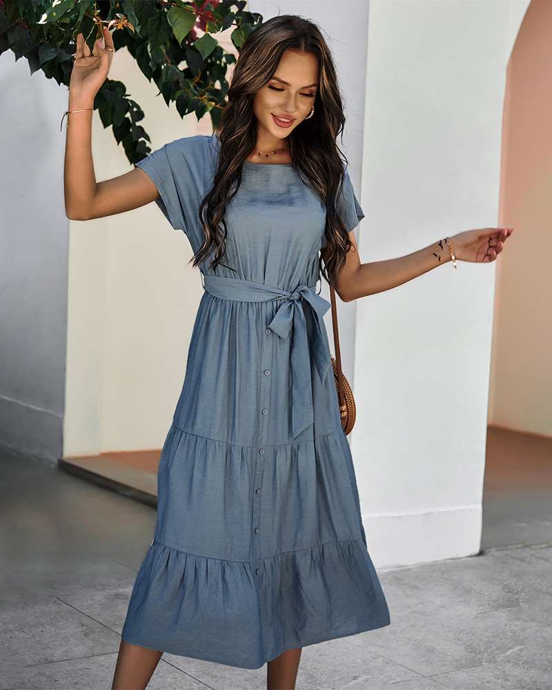 Pure Casual Round neck Short sleeve Lacing Skater Dresses