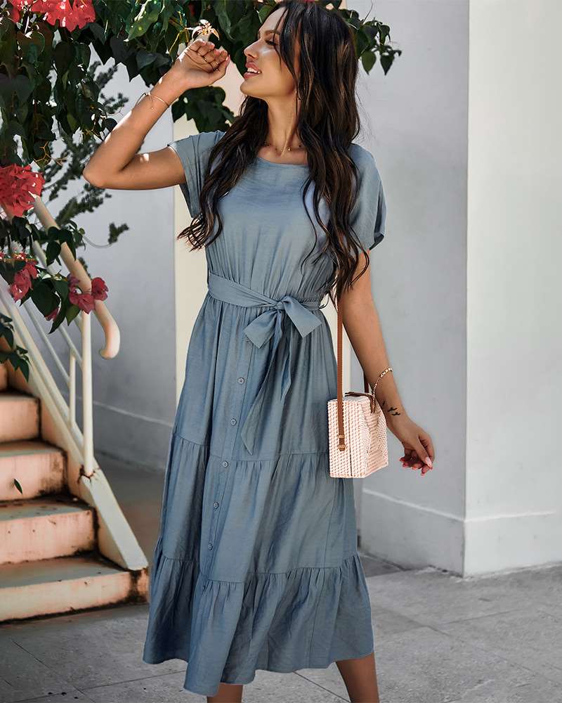 Pure Casual Round neck Short sleeve Lacing Skater Dresses