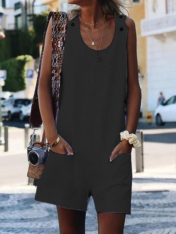 Plus size pocket button cotton and linen jumpsuits