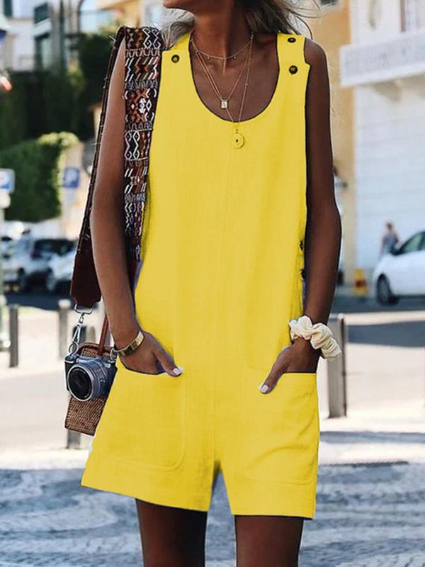 Plus size pocket button cotton and linen jumpsuits