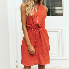 Pure Casual V neck Long sleeve Fastener Lacing Sleeveless Shift Dresses