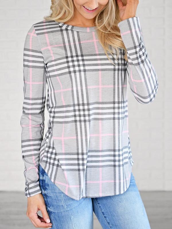 Plain Round Neck Long Sleeve Grid Casual T-Shirts