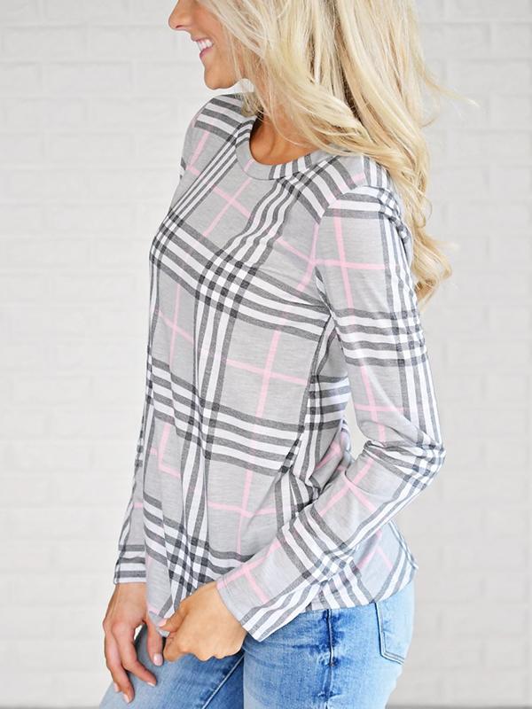 Plain Round Neck Long Sleeve Grid Casual T-Shirts