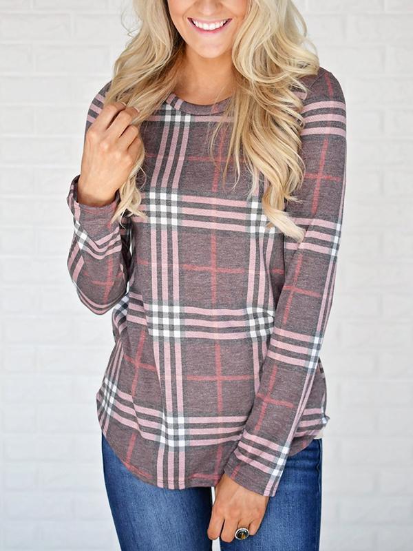 Plain Round Neck Long Sleeve Grid Casual T-Shirts