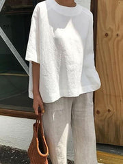 Plus size loose casual women plain cotton linen blouses