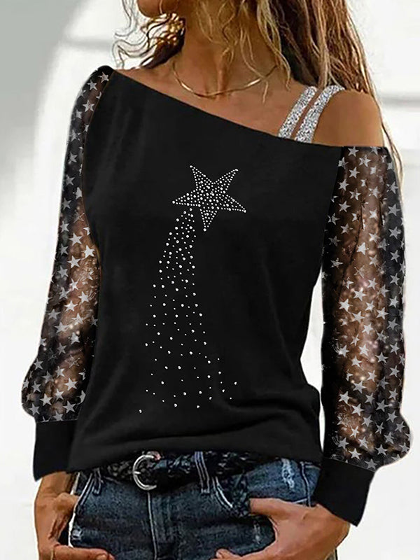 One off shoulder chic long sleeve black printed T-shirts