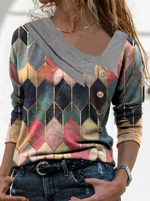 Printed irregular neck women long sleeve printed T-shirts