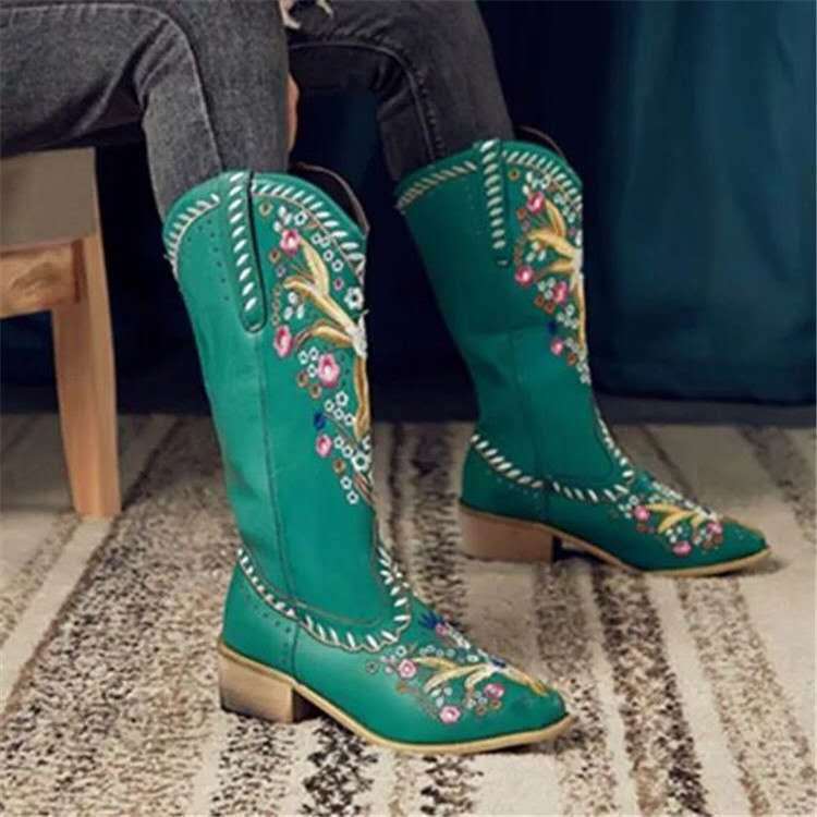 Chunky Heel Embroidered Rivets Mid-Tube Martin Boots