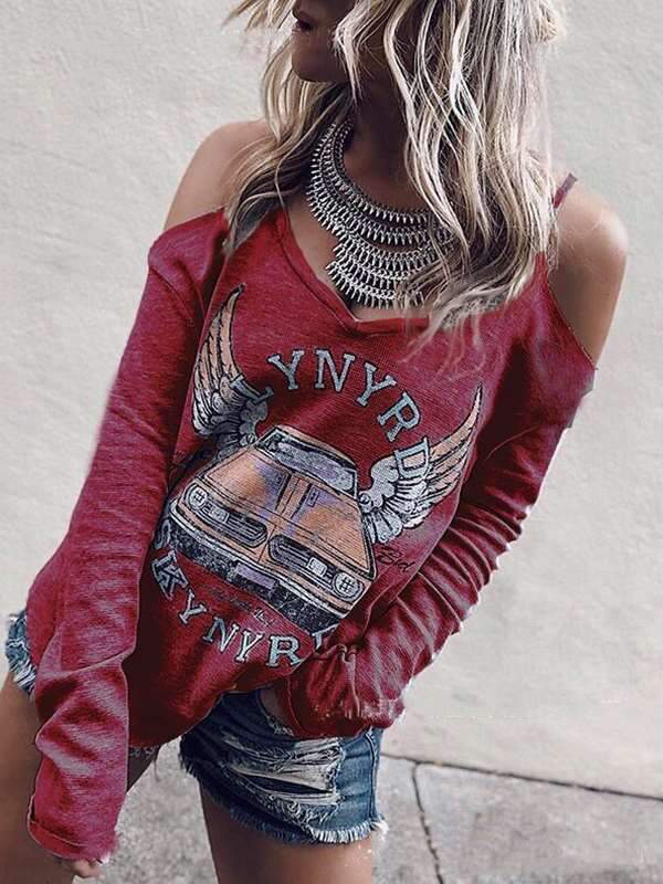 Printed off shoulder long sleeve ladies T-shirts