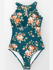 TEAL FLORAL SCALLOPED ONE-PIECE SWIMSUIT