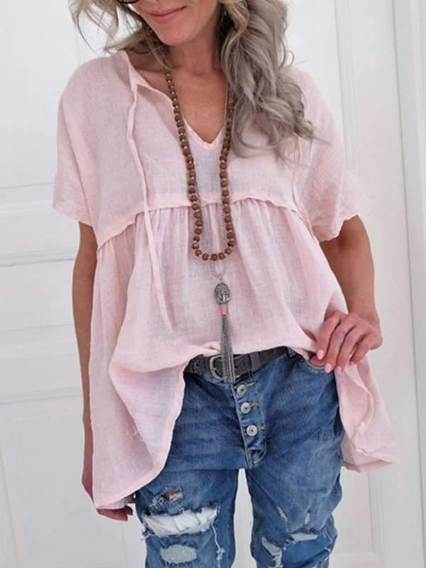 Plus Size Women V neck Short Sleeve Plain T-shirt