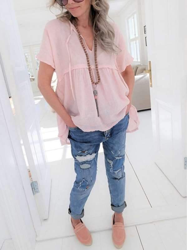 Plus Size Women V neck Short Sleeve Plain T-shirt