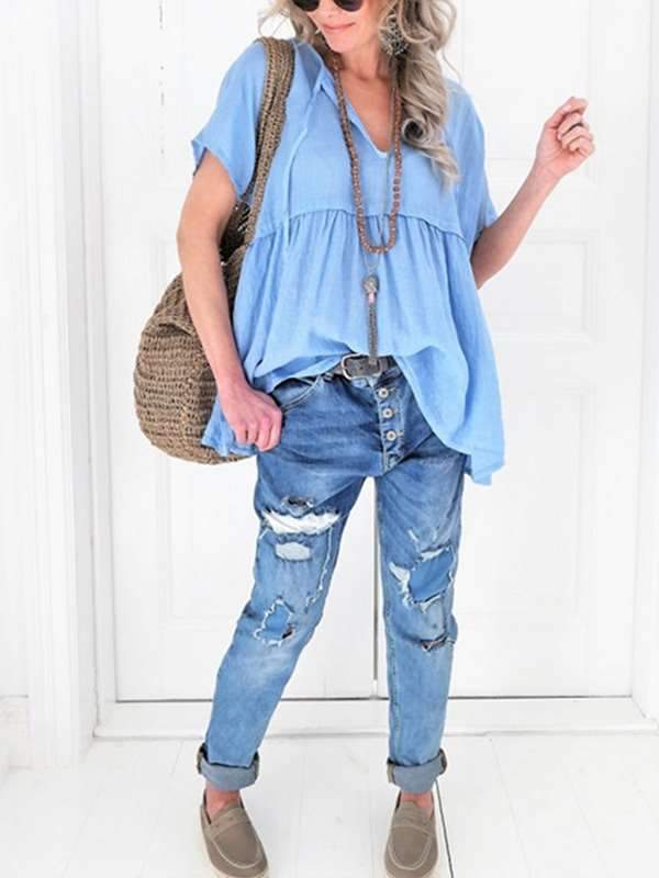 Plus Size Women V neck Short Sleeve Plain T-shirt