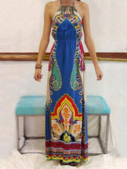 Printed Halterneck Backless Maxi Dress