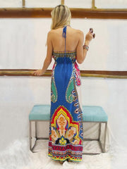 Printed Halterneck Backless Maxi Dress