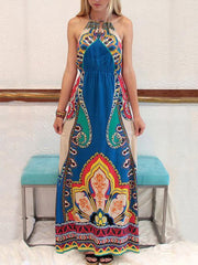Printed Halterneck Backless Maxi Dress