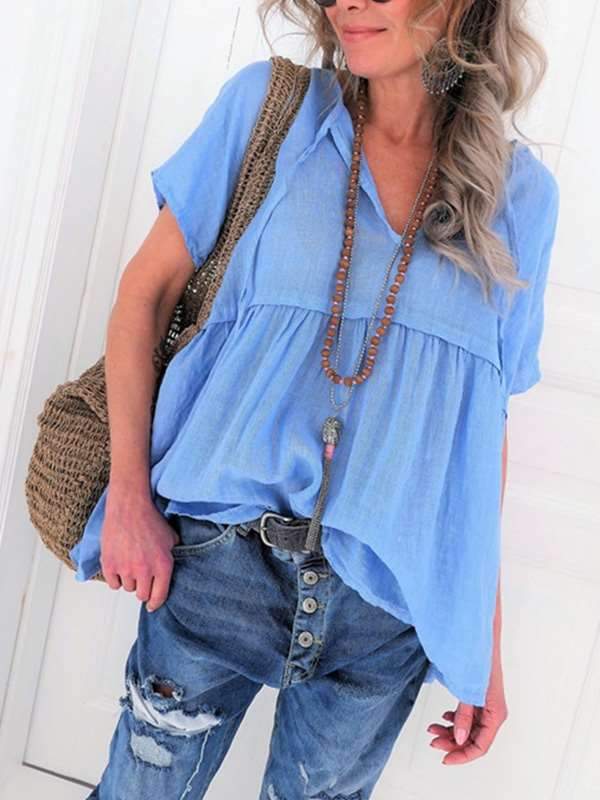 Plus Size Women V neck Short Sleeve Plain T-shirt