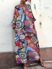 Printed cotton and linen Blend round collar maxi dresses