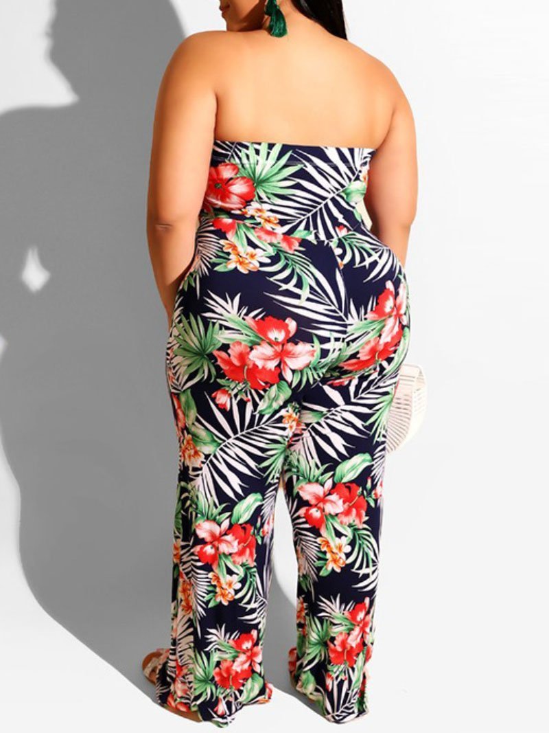 Women Plus Size Leaf Print Off Shoulder Sleeveless Jumpsuits