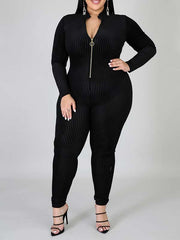 Women Plus Size Black V Neck Long Sleeve Casual Jumpsuits