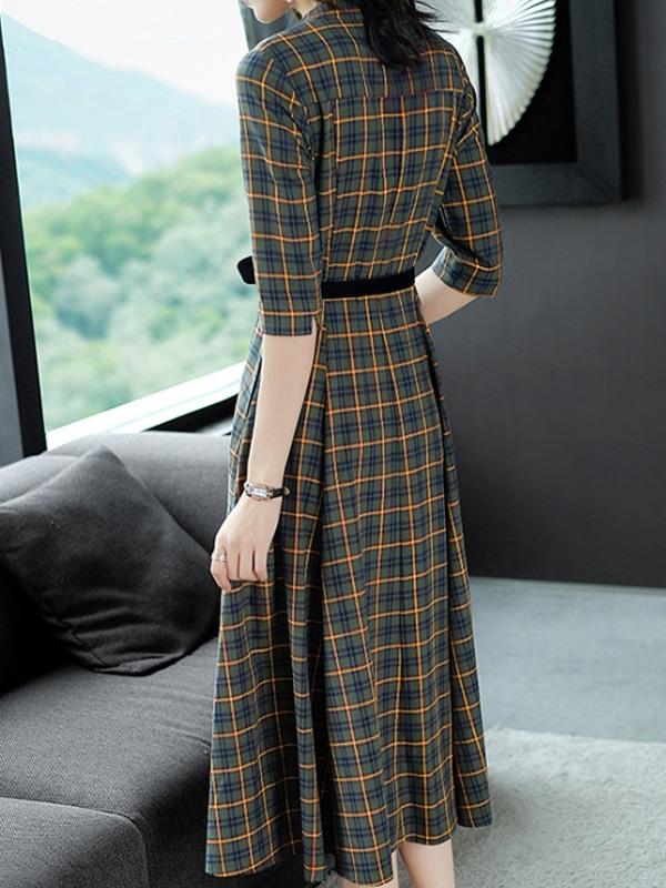 Printing Plaids V-Neck Seven-Tenths Sleeves Maxi Dresses For Woman