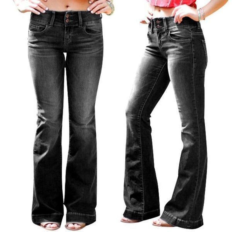 Mid Waist Casual Button Bell-Bottom Jeans