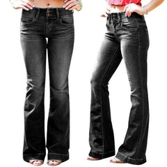 Mid Waist Casual Button Bell-Bottom Jeans