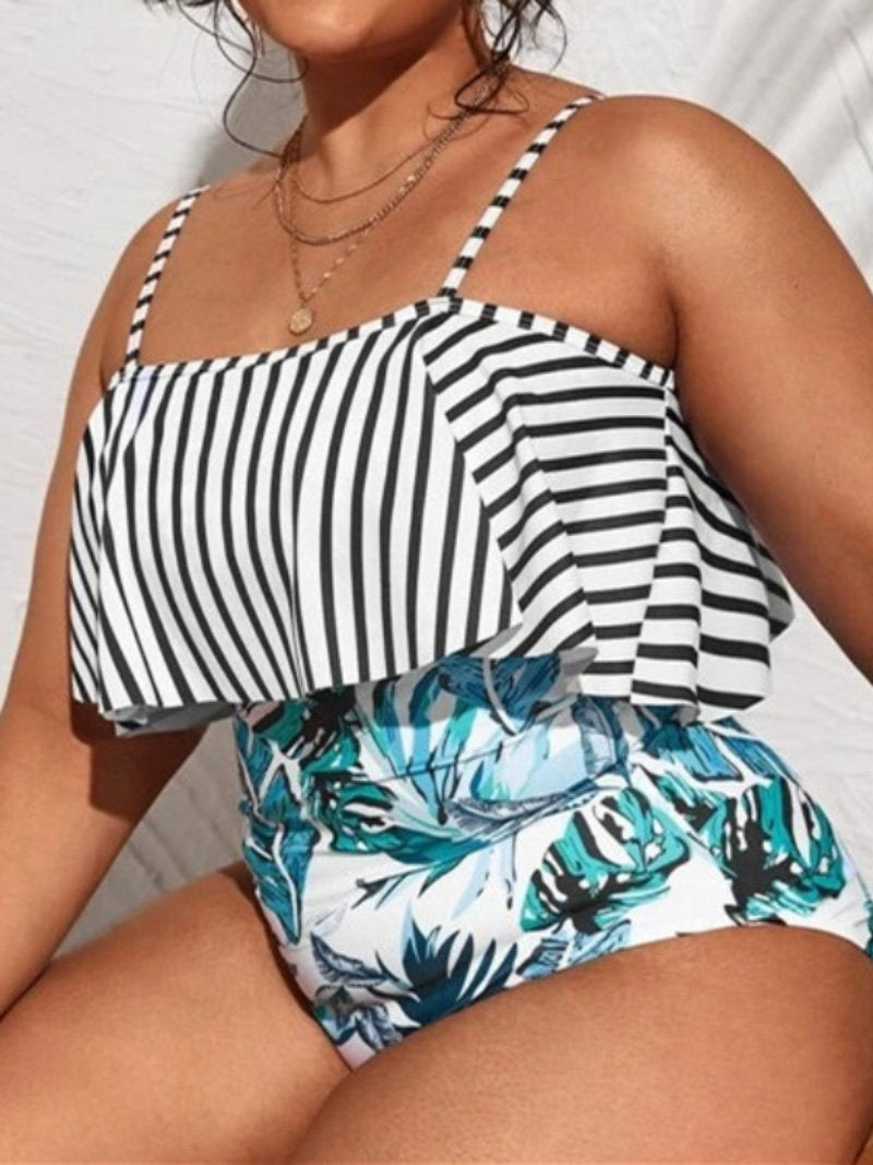 Women Plus Size Stripe Print One Piece Swimsuit