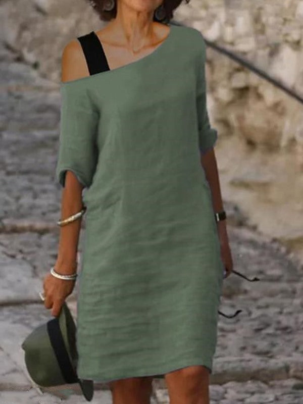 One off shoulder Women plain long mini dress shift dresses