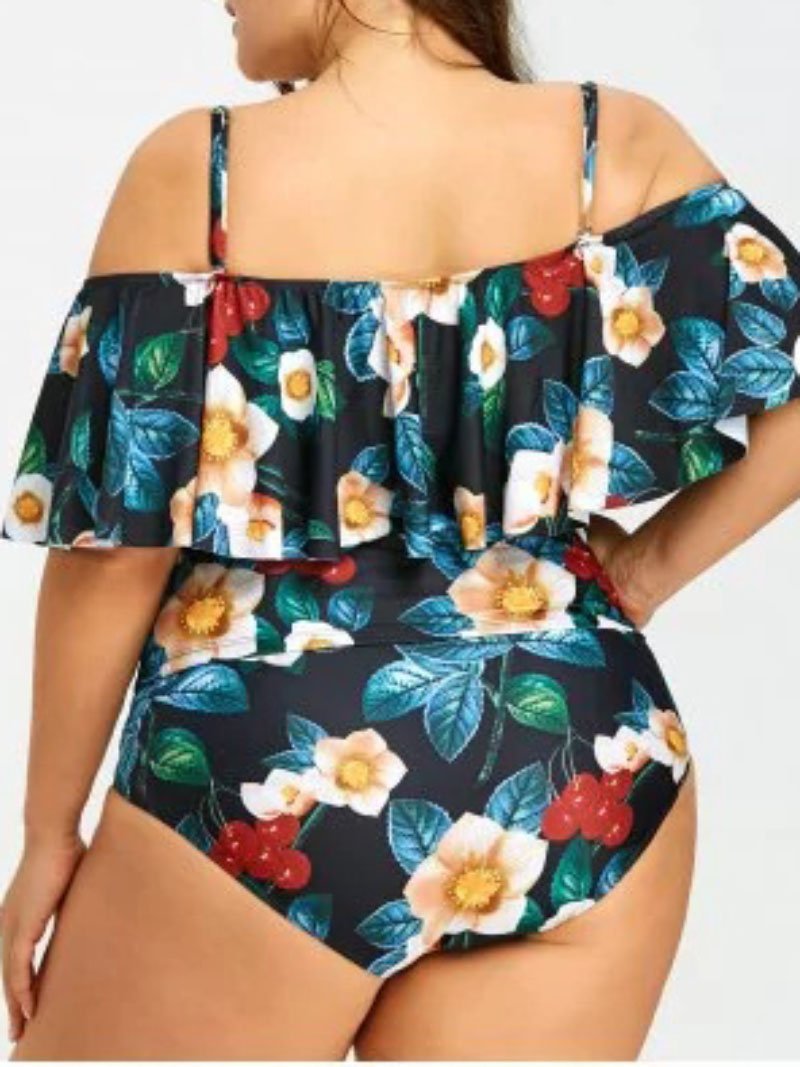 Women Plus Size Floral Print Off Shoulder One Piece Swimsuit