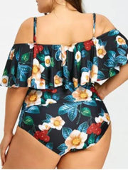 Women Plus Size Floral Print Off Shoulder One Piece Swimsuit